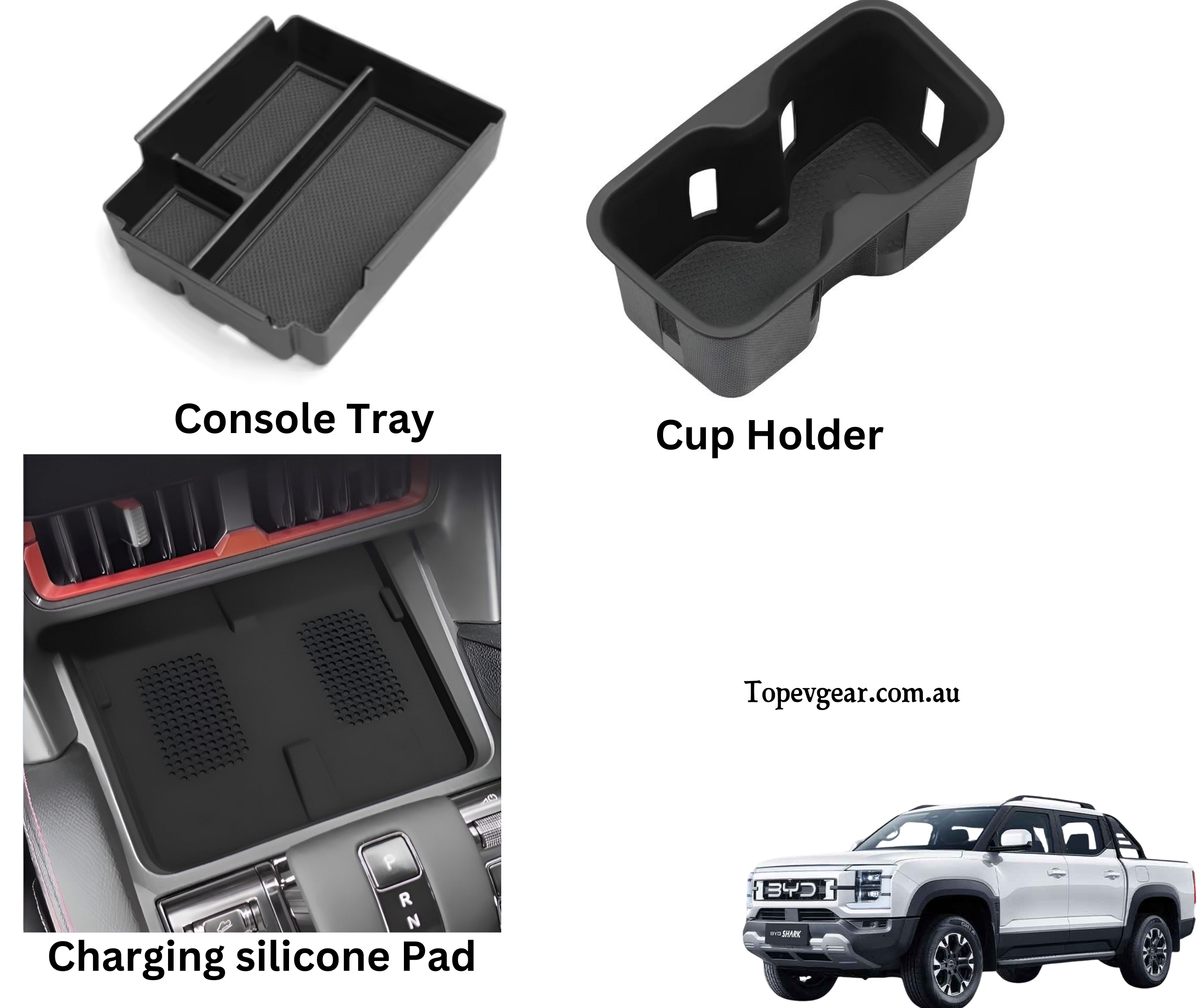 BYD Shark 6 Console Organiser Tray Set – Armrest Tray + Charging Pad + Cup Holder