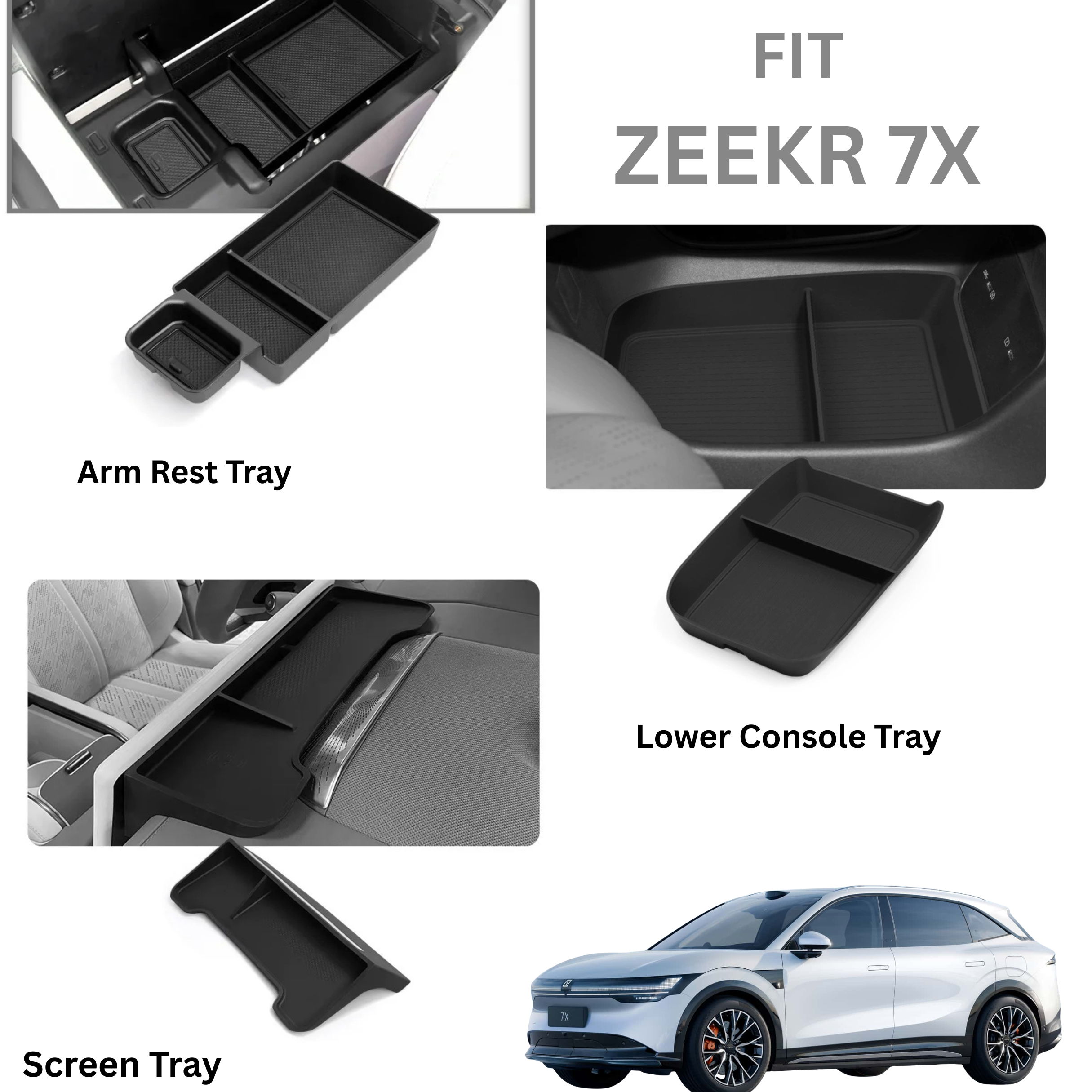 Zeekr 7X Console Trays – Armrest, Cup Holder, Charging Pad & Storage Organizers