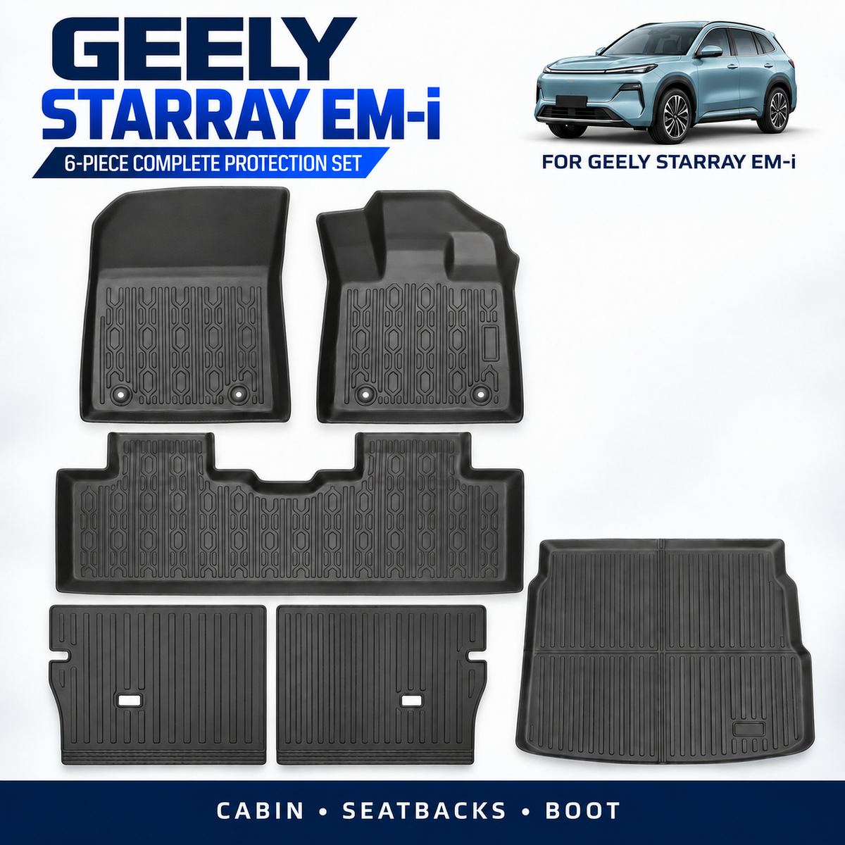 Geely Starray EM-i Floor Mats, Rear Seatback Protectors & Boot Mat – Custom-Fit All-Weather Protection