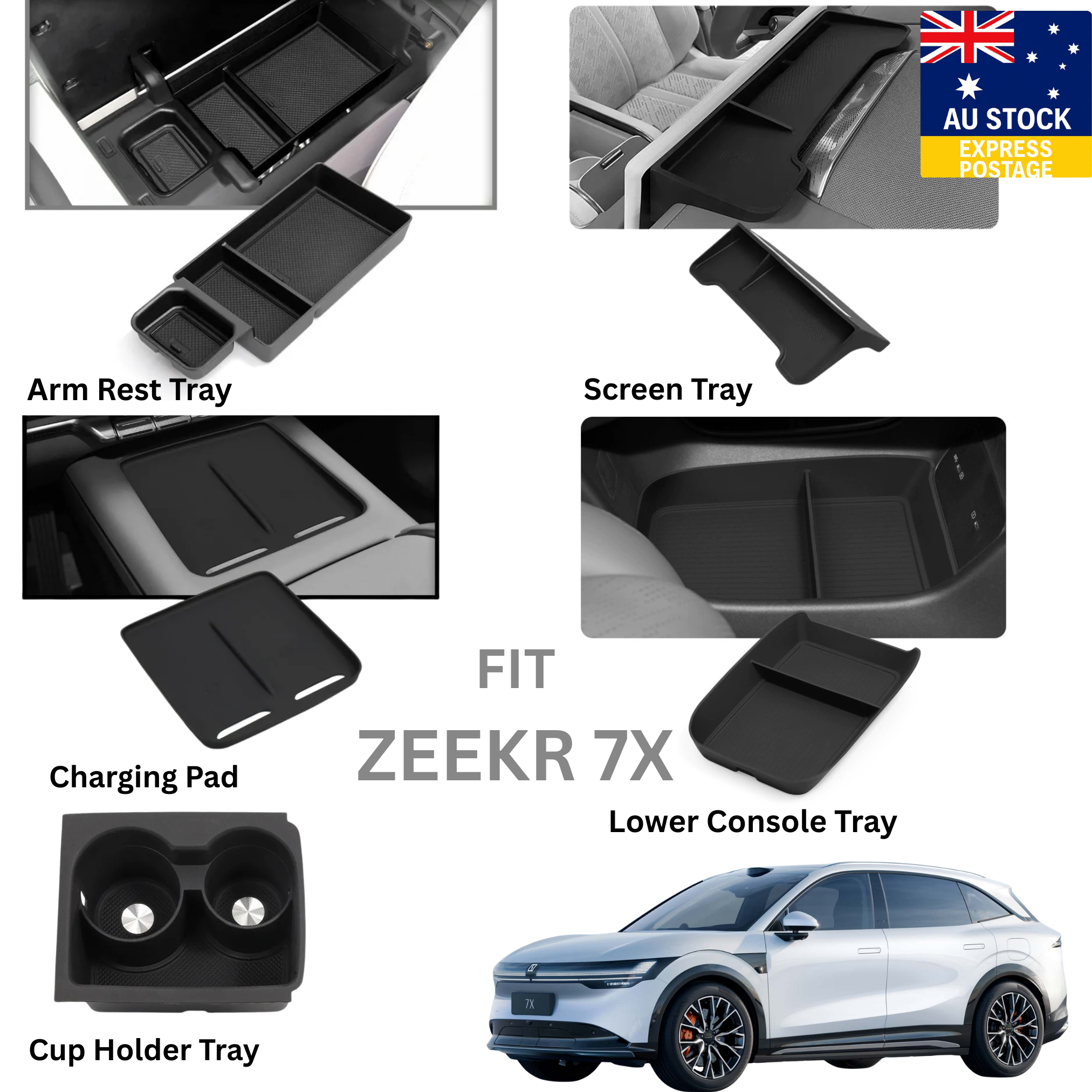 Zeekr 7X Console Trays – Armrest, Cup Holder, Charging Pad & Storage Organizers